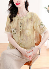 Load image into Gallery viewer, Vintage Yellow O Neck Print Linen Two Piece Suit Set Summer