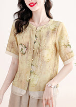 Load image into Gallery viewer, Vintage Yellow O Neck Print Linen Two Piece Suit Set Summer