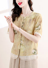 Load image into Gallery viewer, Vintage Yellow O Neck Print Linen Two Piece Suit Set Summer