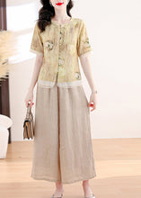 Load image into Gallery viewer, Vintage Yellow O Neck Print Linen Two Piece Suit Set Summer