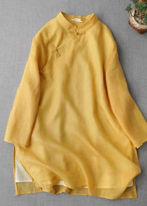 Vintage Yellow Stand Collar Chinese Button Linen Shirt Bracelet Sleeve