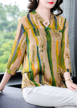 Load image into Gallery viewer, Vintage Yellow V Neck Print Patchwork Silk Shirt Tops Bracelet Sleeve