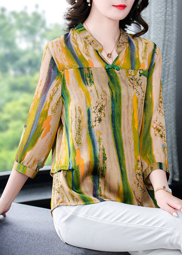 Vintage Yellow V Neck Print Patchwork Silk Shirt Tops Bracelet Sleeve