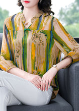 Load image into Gallery viewer, Vintage Yellow V Neck Print Patchwork Silk Shirt Tops Bracelet Sleeve