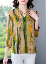 Load image into Gallery viewer, Vintage Yellow V Neck Print Patchwork Silk Shirt Tops Bracelet Sleeve