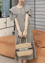 Load image into Gallery viewer, Vogue Black Plaid Tie Waist Long Dresses Short Sleeve