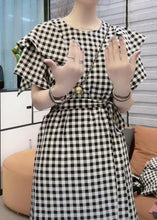 Load image into Gallery viewer, Vogue Black Plaid Tie Waist Long Dresses Short Sleeve