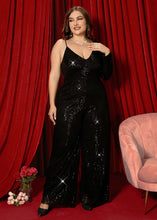 Load image into Gallery viewer, Vogue Black V Neck Asymmetrical Patchwork Sequins Silk Wide Leg Jumpsuits Long Sleeve