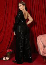 Load image into Gallery viewer, Vogue Black V Neck Asymmetrical Patchwork Sequins Silk Wide Leg Jumpsuits Long Sleeve