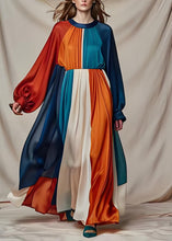 Load image into Gallery viewer, Vogue Colorblock O Neck Patchwork Draping Silk Maxi Dresses Long Sleeve