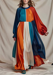 Vogue Colorblock O Neck Patchwork Draping Silk Maxi Dresses Long Sleeve