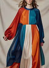 Load image into Gallery viewer, Vogue Colorblock O Neck Patchwork Draping Silk Maxi Dresses Long Sleeve