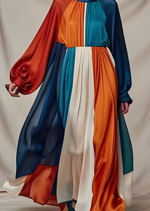 Vogue Colorblock O Neck Patchwork Draping Silk Maxi Dresses Long Sleeve