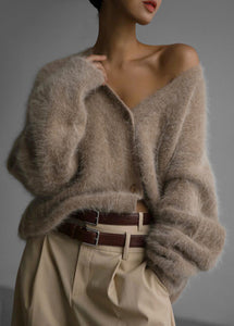 Vogue Khaki V Neck Mink Hair Knitted Sweater Fall