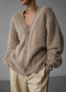 Vogue Khaki V Neck Mink Hair Knitted Sweater Fall