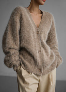 Vogue Khaki V Neck Mink Hair Knitted Sweater Fall