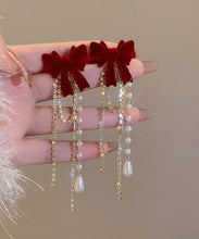 Load image into Gallery viewer, Vogue Mulberry Alloy Zircon Pearl Velvet Bow Tassel Drop Earrings