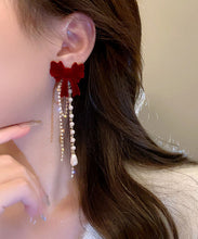 Load image into Gallery viewer, Vogue Mulberry Alloy Zircon Pearl Velvet Bow Tassel Drop Earrings