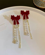 Load image into Gallery viewer, Vogue Mulberry Alloy Zircon Pearl Velvet Bow Tassel Drop Earrings