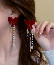 Load image into Gallery viewer, Vogue Mulberry Alloy Zircon Pearl Velvet Bow Tassel Drop Earrings