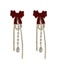 Load image into Gallery viewer, Vogue Mulberry Alloy Zircon Pearl Velvet Bow Tassel Drop Earrings