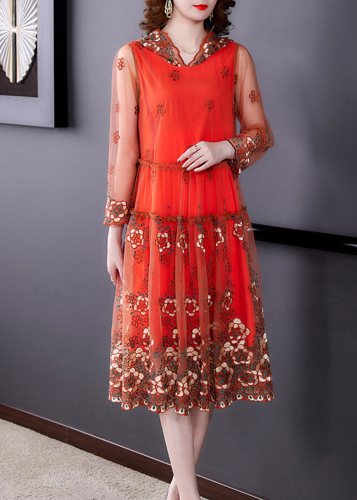 Vogue Orange Embroidered Floral Tulle Hooded Long Dresses Spring