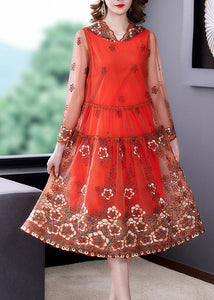 Vogue Orange Embroidered Floral Tulle Hooded Long Dresses Spring