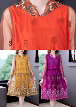 Load image into Gallery viewer, Vogue Orange Embroidered Floral Tulle Hooded Long Dresses Spring