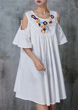 Load image into Gallery viewer, White Cotton Mid Dress Tasseled Embroidered Summer