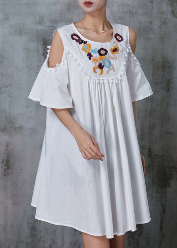 White Cotton Mid Dress Tasseled Embroidered Summer