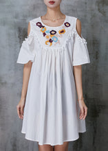 Load image into Gallery viewer, White Cotton Mid Dress Tasseled Embroidered Summer