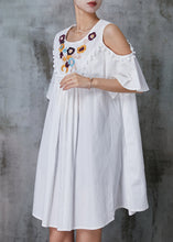 Load image into Gallery viewer, White Cotton Mid Dress Tasseled Embroidered Summer