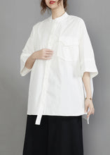 Load image into Gallery viewer, White Oversized Cotton Blouses Stand Collar Pocket Half Sleeve