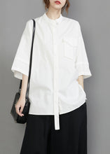 Load image into Gallery viewer, White Oversized Cotton Blouses Stand Collar Pocket Half Sleeve