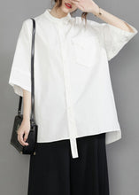 Load image into Gallery viewer, White Oversized Cotton Blouses Stand Collar Pocket Half Sleeve