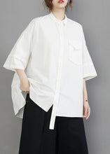 Load image into Gallery viewer, White Oversized Cotton Blouses Stand Collar Pocket Half Sleeve