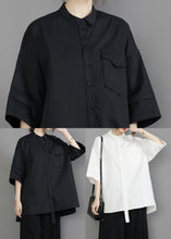 Load image into Gallery viewer, White Oversized Cotton Blouses Stand Collar Pocket Half Sleeve