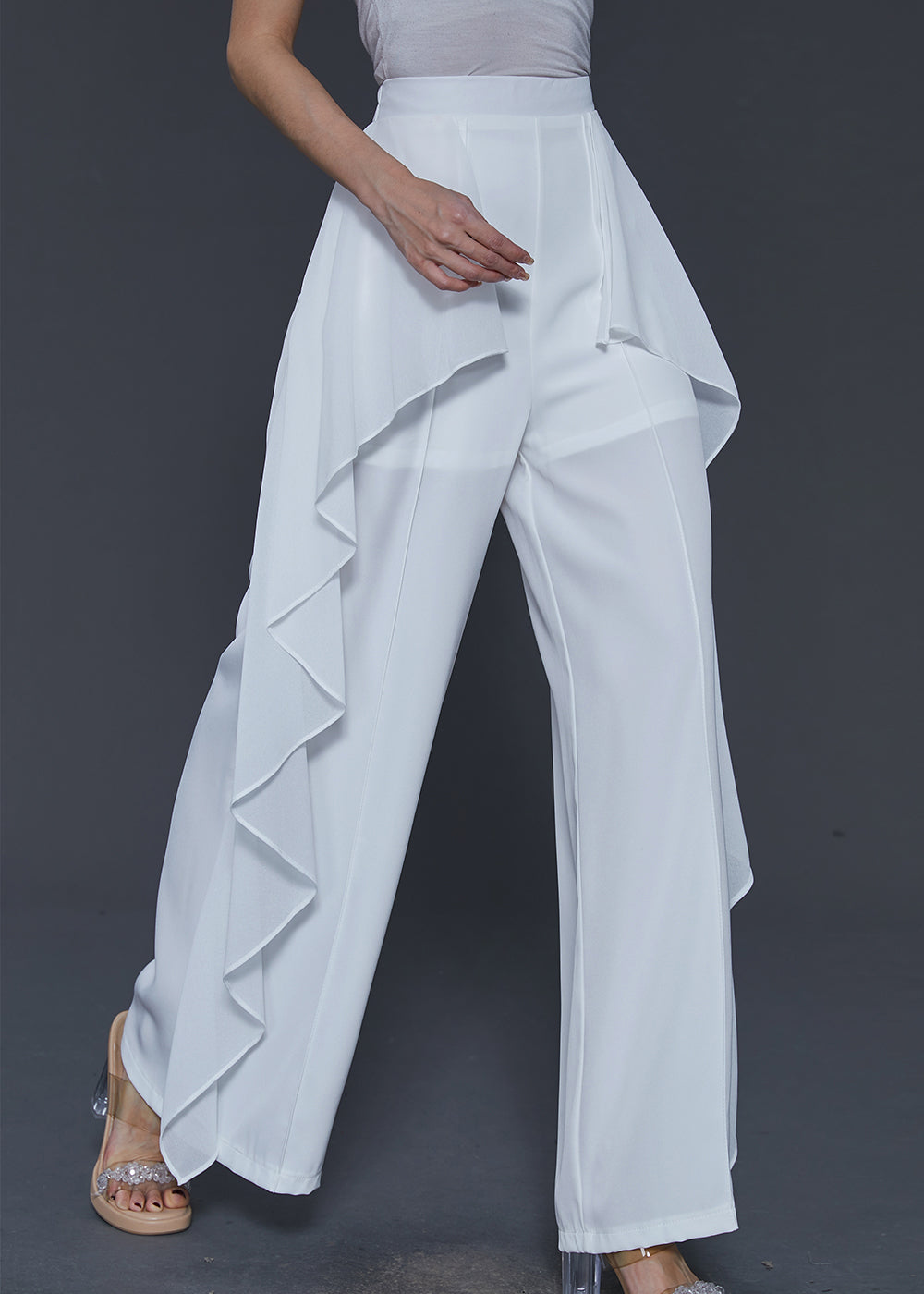 White Patchwork Chiffon Wide Leg Pants Ruffled Summer