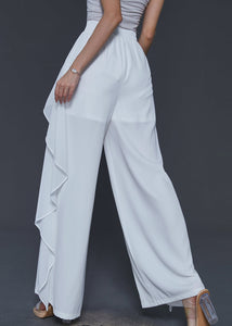 White Patchwork Chiffon Wide Leg Pants Ruffled Summer