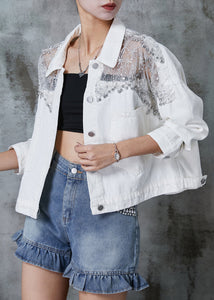 White Patchwork Tulle Denim Jacket Zircon Spring