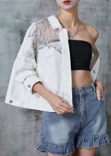 Load image into Gallery viewer, White Patchwork Tulle Denim Jacket Zircon Spring