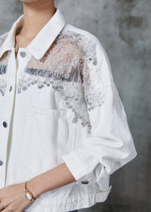 White Patchwork Tulle Denim Jacket Zircon Spring