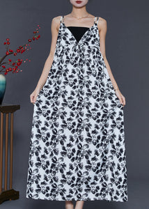 White Print Chiffon Spaghetti Strap Dress Exra Large Hem Summer