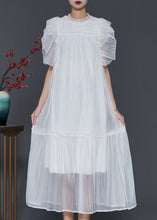 Load image into Gallery viewer, White Silk Long Dress Ruffled Nail Bead Petal Sleeve