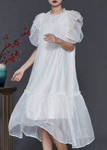 Load image into Gallery viewer, White Silk Long Dress Ruffled Nail Bead Petal Sleeve