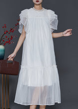 Load image into Gallery viewer, White Silk Long Dress Ruffled Nail Bead Petal Sleeve