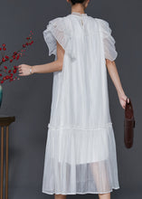 Load image into Gallery viewer, White Silk Long Dress Ruffled Nail Bead Petal Sleeve