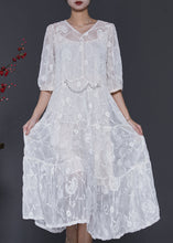 Load image into Gallery viewer, White Silk Maxi Dress V Neck Embroidered Half Sleeve