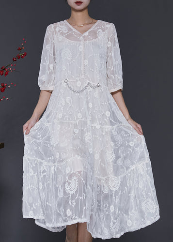 White Silk Maxi Dress V Neck Embroidered Half Sleeve