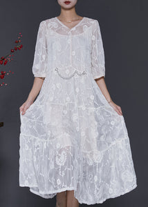 White Silk Maxi Dress V Neck Embroidered Half Sleeve